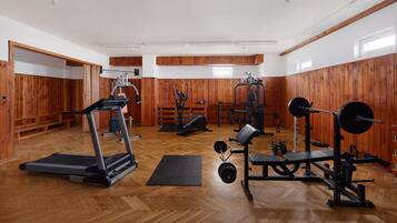 A gym with wooden walls, a treadmill, weight benches, and various exercise equipment.