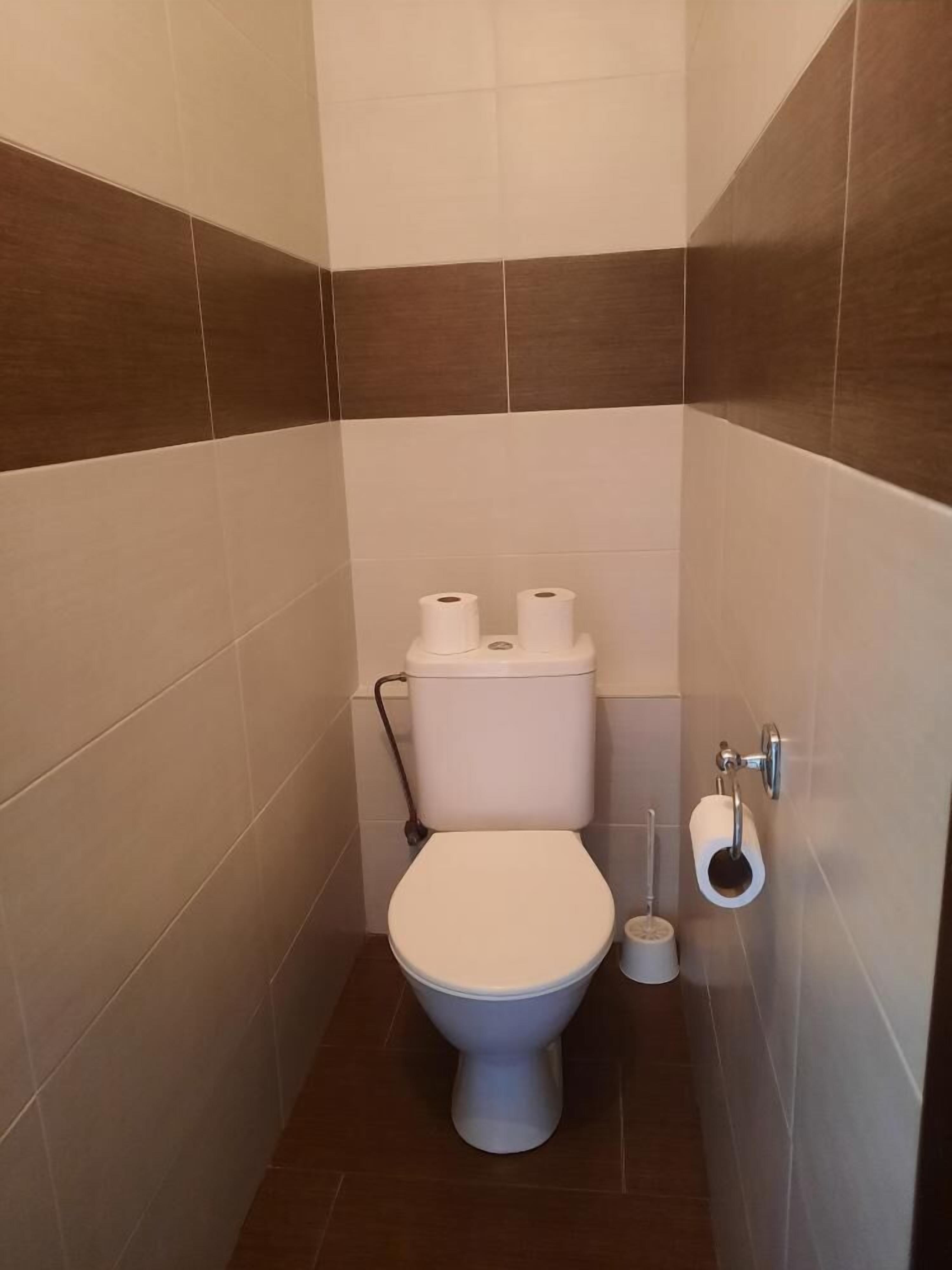 Ein kleines, modernes Badezimmer mit Toilette, zwei Toilettenpapierrollen und einem Toilettenpapierhalter an der Wand.