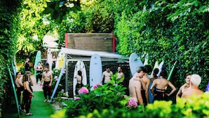 A group of people gathered around surfboards in a lush, green outdoor setting. - Latas Surf House (Ribamontan al Mar)