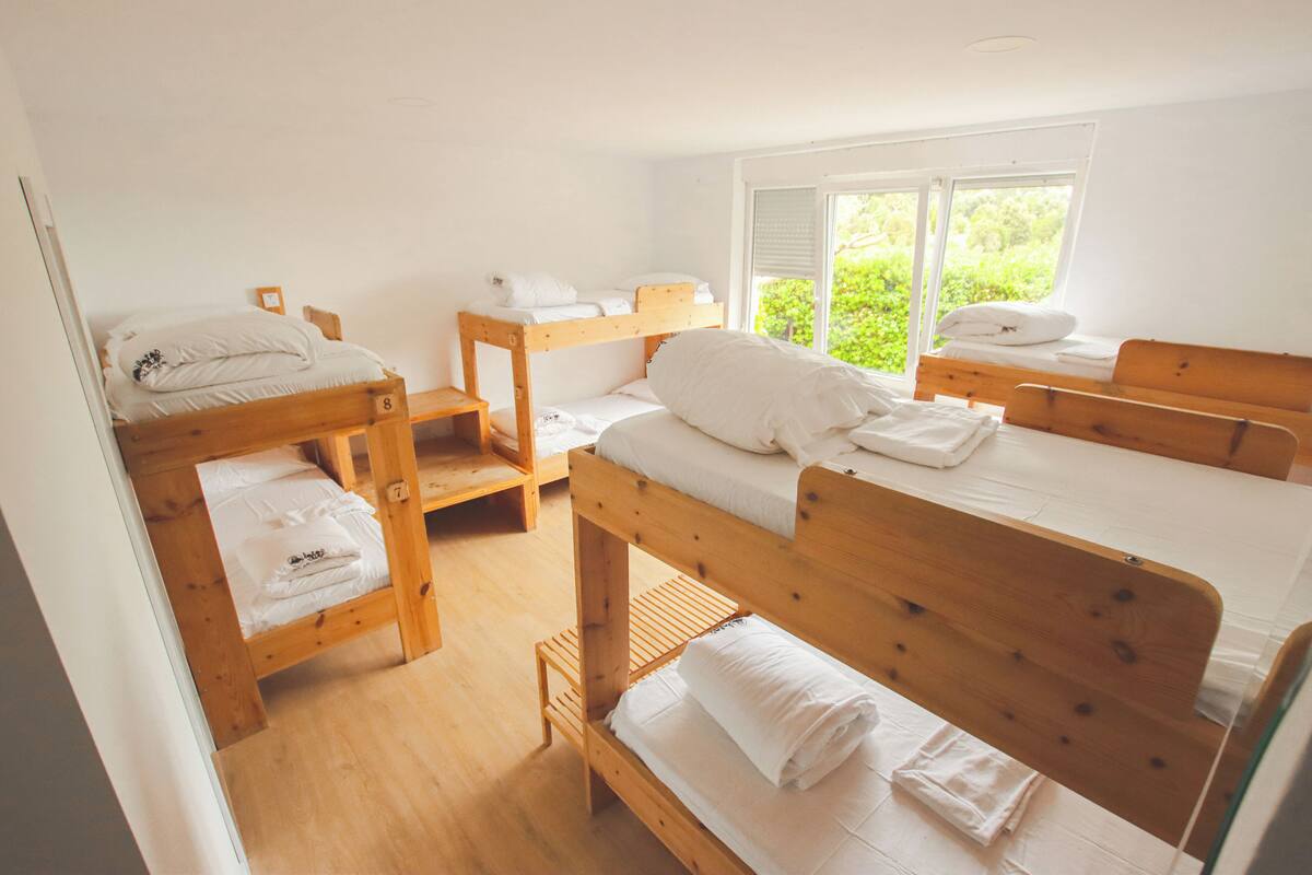 Habitación tipo dormitorio con literas, una ventana que da a zonas verdes y suelo de madera.