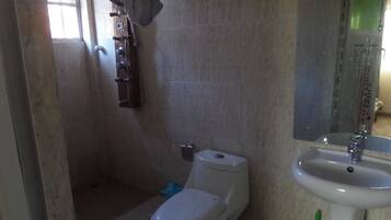 A bathroom with a toilet, a sink, and a shower area.