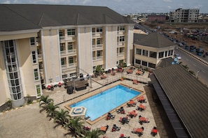 Indoor pool, outdoor pool, pool umbrellas, sun loungers