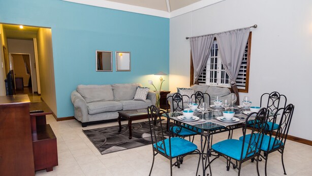 Un salon avec un canapé gris, une table à manger avec des chaises et une fenêtre avec des rideaux.
