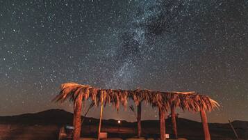 A thatched-roof structure under a starry night sky.