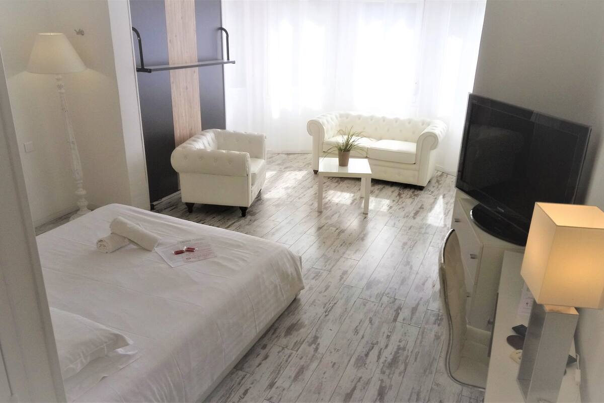 Una habitación de hotel con una cama, dos sillones blancos, una mesita con una planta, un televisor y una lámpara de noche.