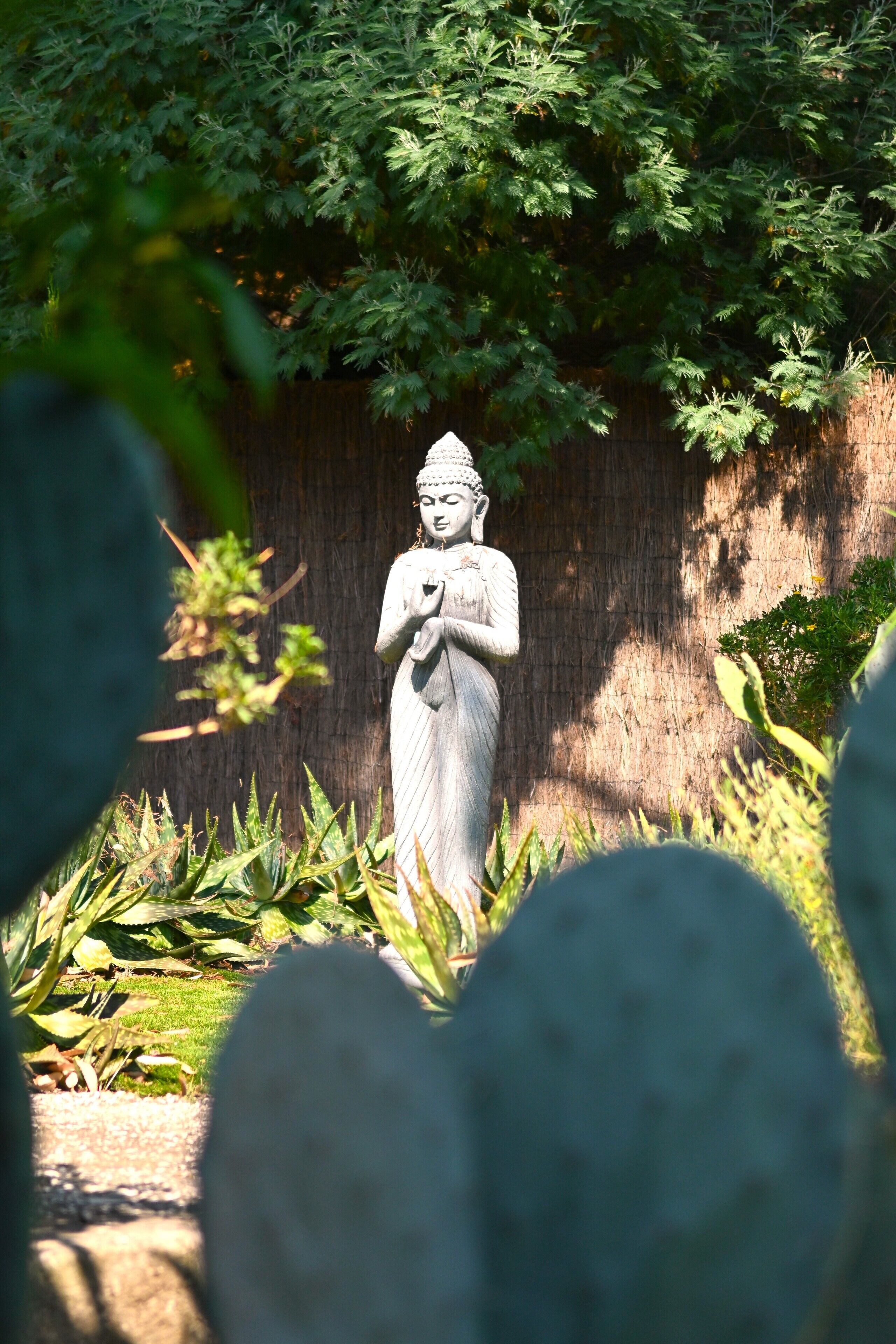 Una estatua de una figura sentada en un jardín con fondo de madera y follaje circundante.
