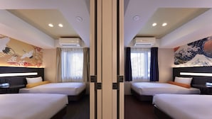 A hotel room with two beds, a large wall mural, an air conditioning unit, and a window with curtains. - KUROMON Crystal Hotel (Osaka)
