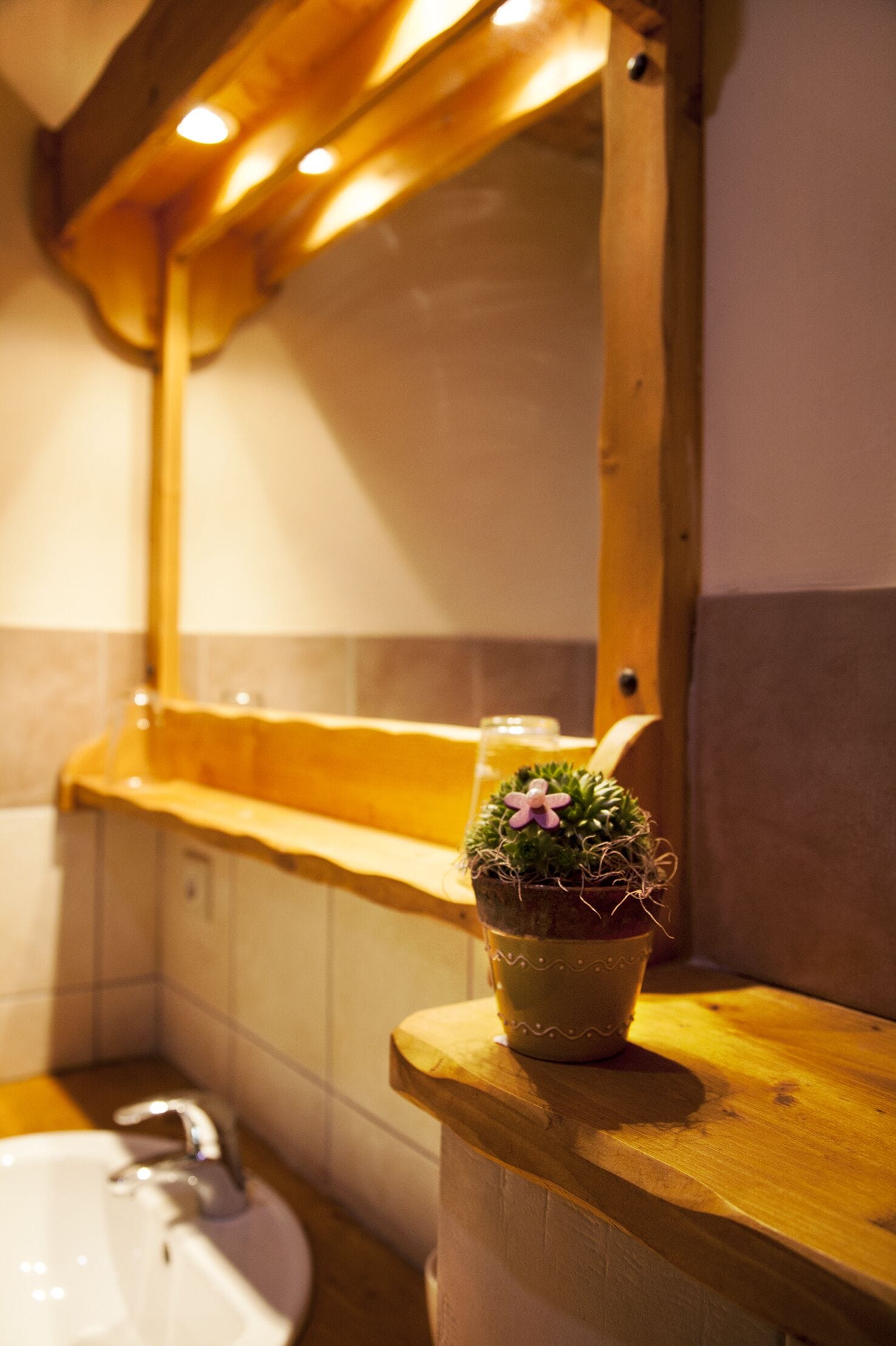 Un bagno con un piano in legno, un lavandino, uno specchio e una pianta in vaso.
