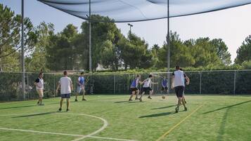 Un campo sportivo all'aperto con recinto di rete e alberi sullo sfondo.