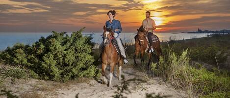 Two people riding horses on a sandy path with vegetation on either side, overlooking a body of water at sunset.