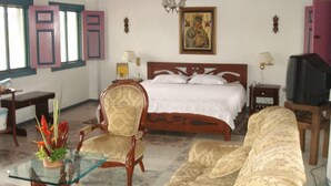 A hotel room with a bed, a chair, a sofa, a TV, and a painting on the wall. - On Vacation Karlaka (Roncesvalles)