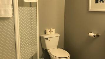 A bathroom with a shower, toilet, and a framed picture on the wall.