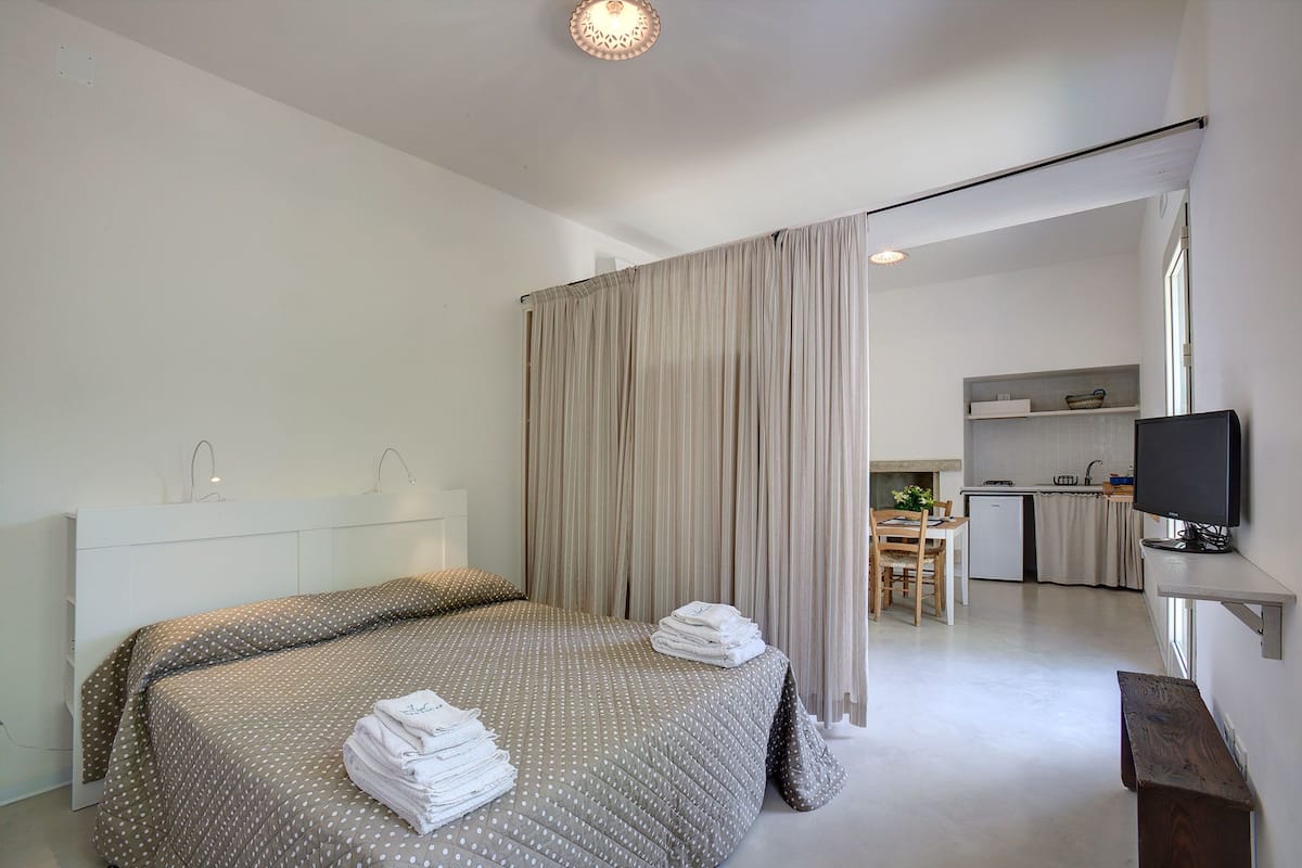 A hotel room with a bed, a desk, a television, and a kitchenette.