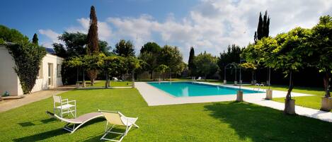 A rectangular swimming pool with a clear blue water surface, surrounded by a well-maintained lawn and trees. There are two white lounge chairs on the grass.