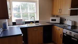 A kitchen with wooden cabinets, a sink, a microwave, and a toaster. - Apartment 9 Robertson Villas (Rochester)