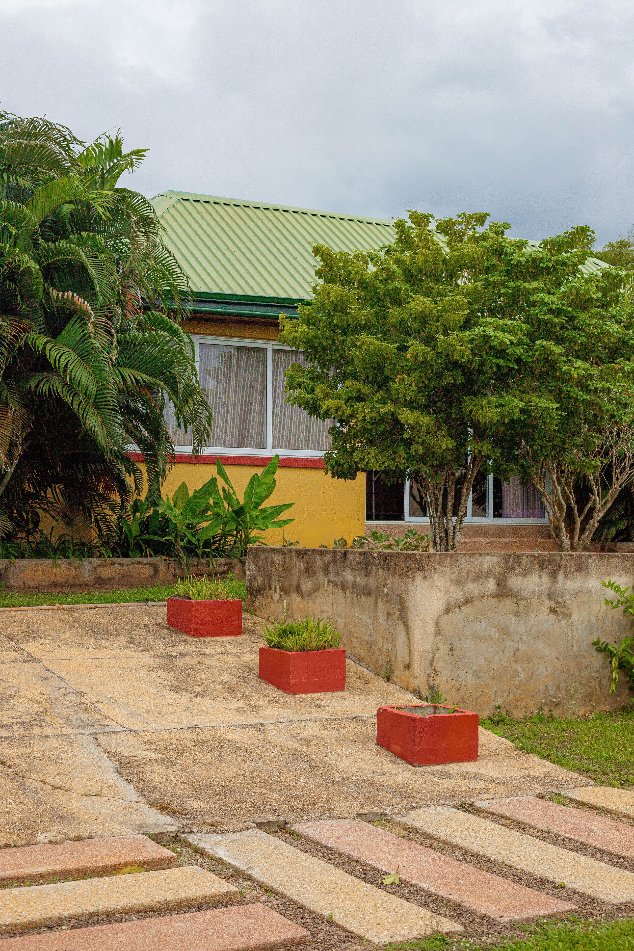 A courtyard with a paved walkway, a yellow building with a green roof, and several potted plants.