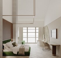 A modern bedroom with a green bed, a large window, a bathtub, and a desk.