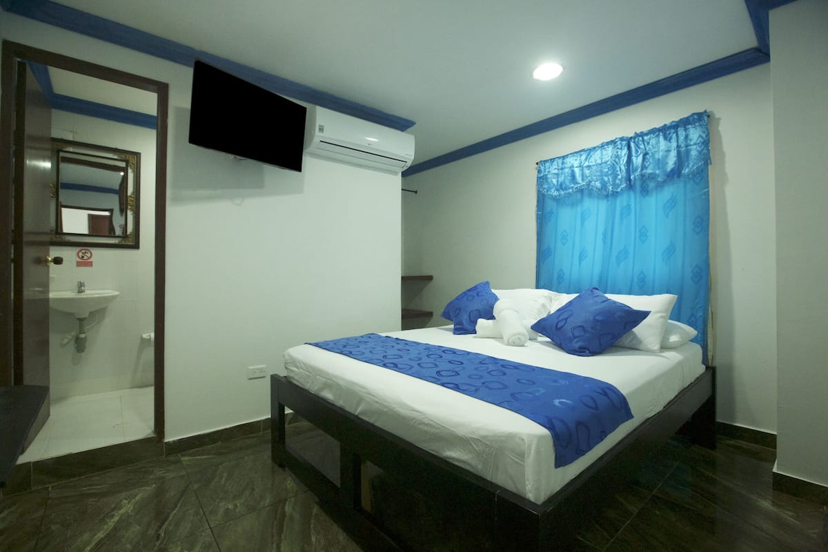 A hotel room with a bed, a TV mounted on the wall, a sink, and a shower.