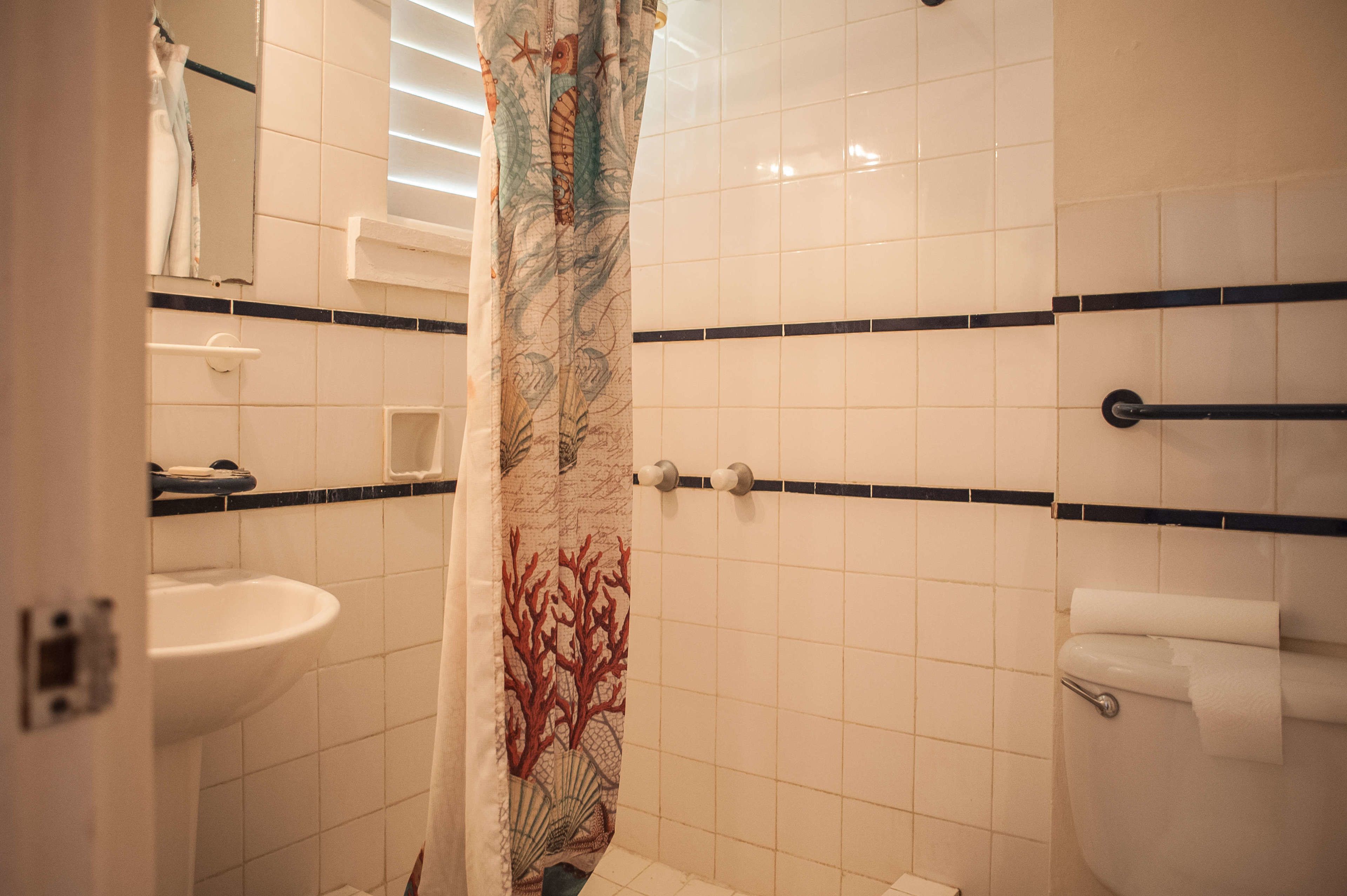 A bathroom with a sink, toilet, and shower curtain with a marine design.