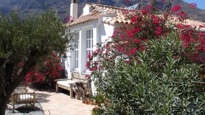 A white building with a tiled roof, surrounded by lush greenery and pink flowers.
