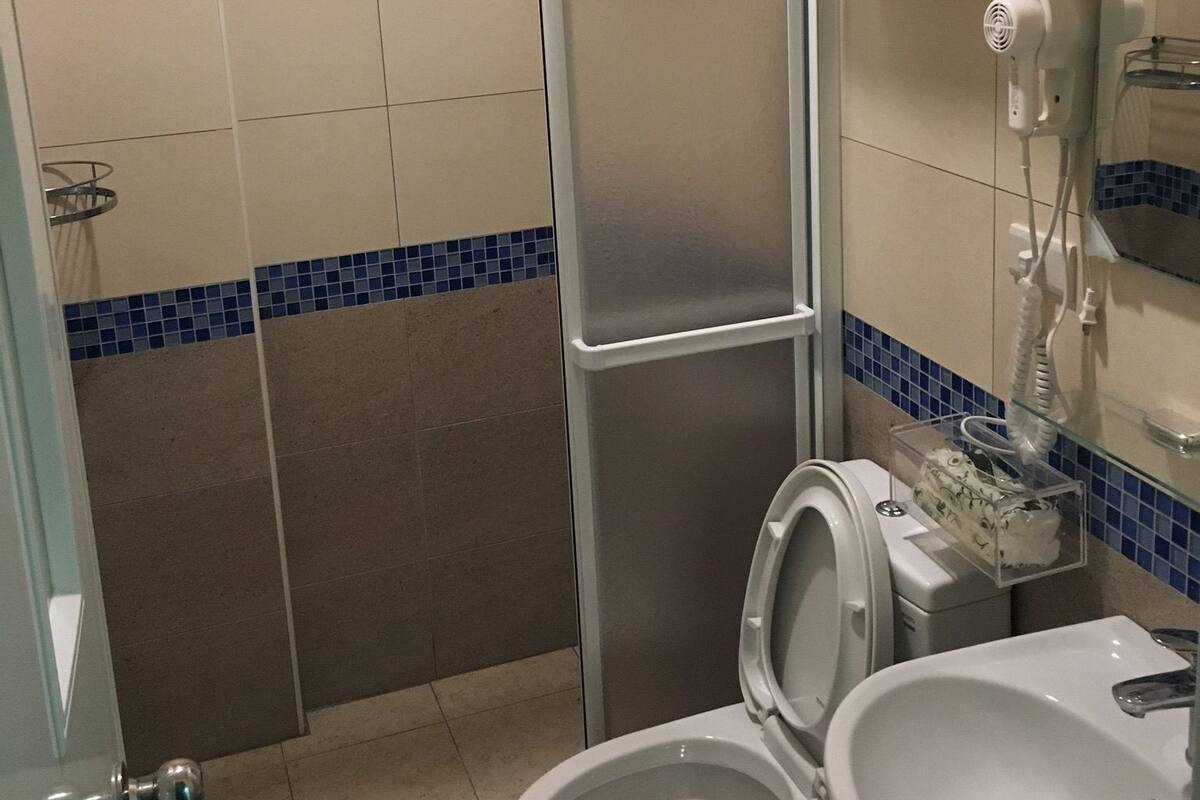 A bathroom with a toilet, sink, and a shower stall.