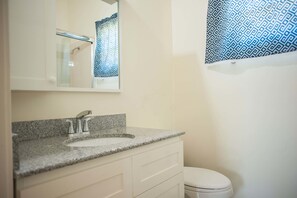 A bathroom with a granite countertop sink, a white toilet, and a patterned shower curtain.