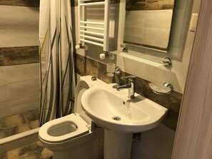 A bathroom with a toilet, sink, and shower.