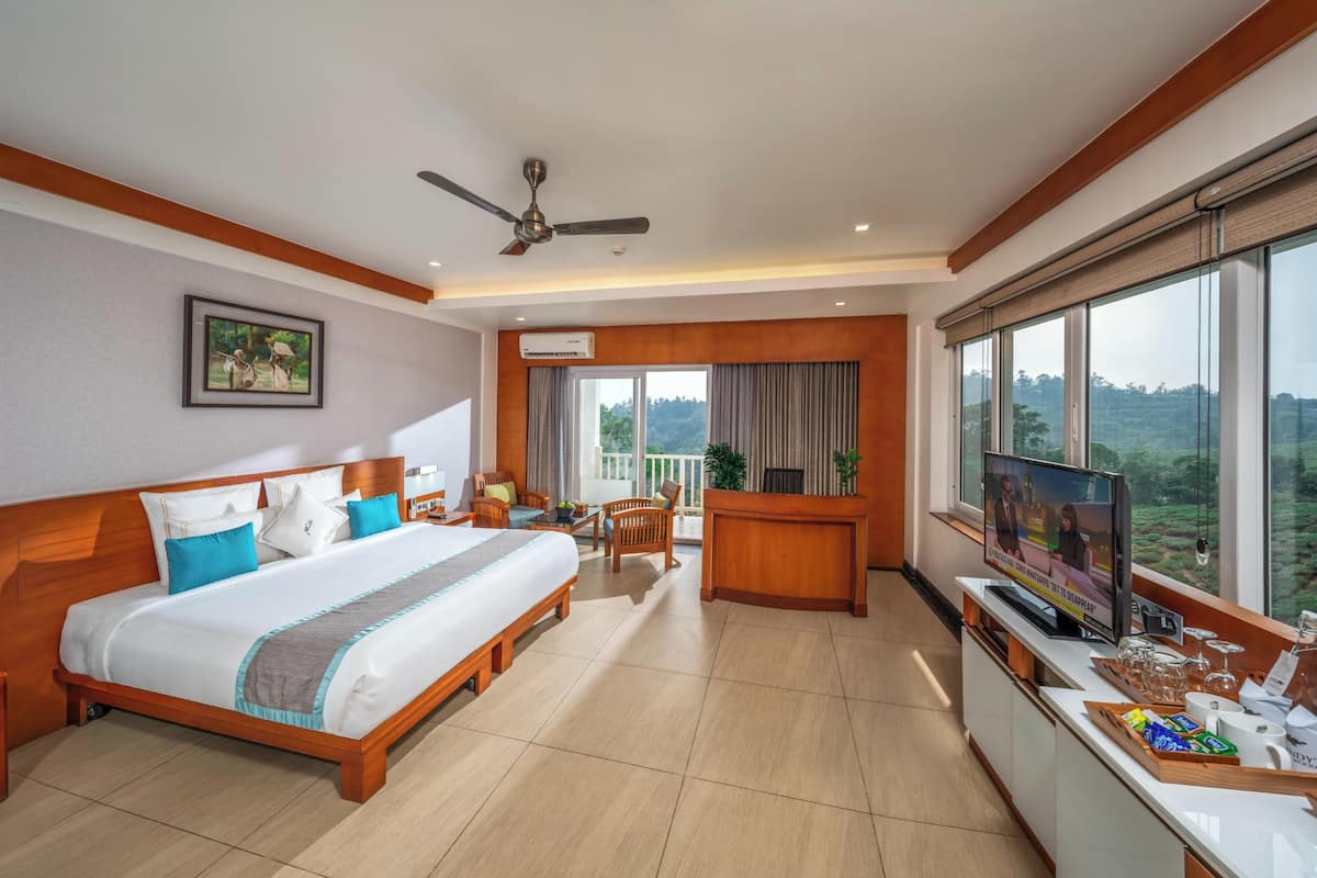 A hotel room with a bed, a desk, a television, and a balcony with a view.