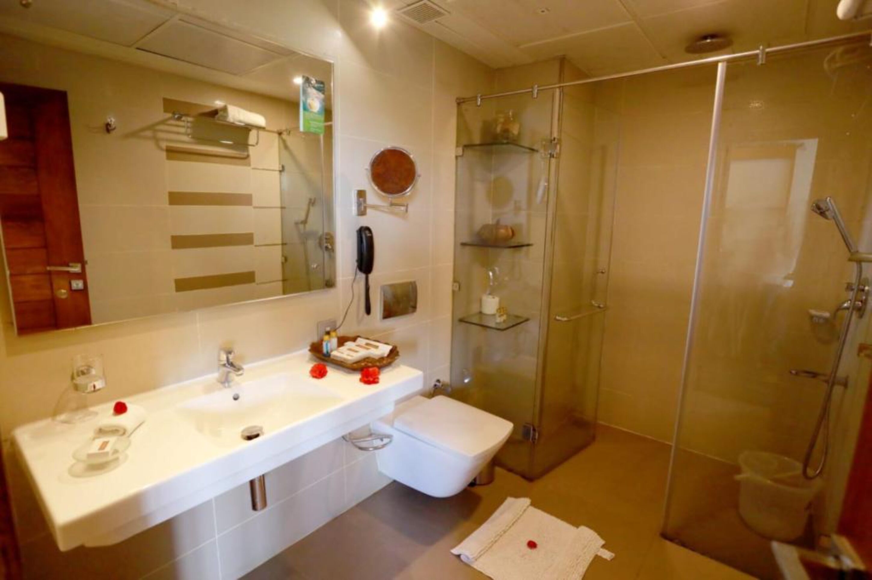 A modern bathroom with a large mirror, dual sinks, a toilet, and a glass-enclosed shower area.