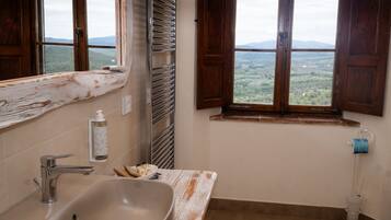 A bathroom with a sink, mirror, and window with a view of a landscape.
