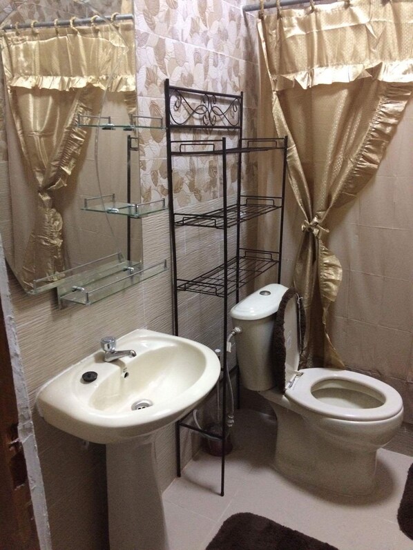 A bathroom with a pedestal sink, toilet, and a metal shelf unit. - Montgomery Brothers estate (Kenyayai)
