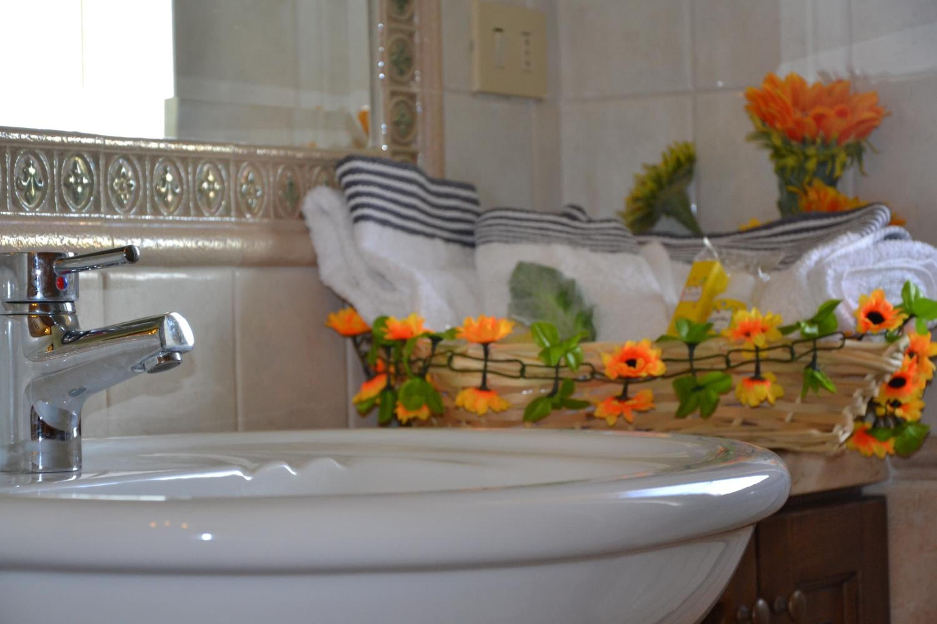Un lavabo con rubinetteria cromata, uno specchio sopra e un portaserviti con asciugamani piegati.