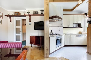 Apartment | Private kitchen | Full-size fridge, microwave, oven, stovetop