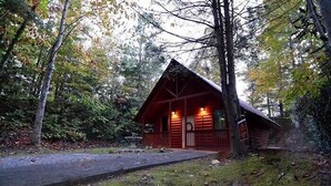 Une cabane en bois dotée d’un porche, entourée d’arbres et bordée d’un sentier en pierre.