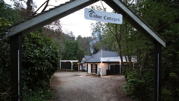 Un camino de grava que conduce a una casa de campo Tudor con una chimenea que expulsa humo, rodeada de follaje denso.