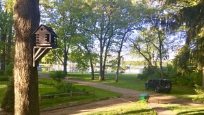 A park with a wooden birdhouse on a tree, a dirt path, and a vehicle in the background.