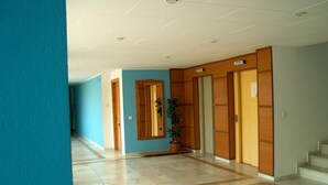 Un couloir aux murs bleus, avec des portes en bois et une plante en pot.