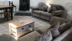 Un salon confortable avec un canapé, une table basse, une cheminée et un luminaire au plafond.
