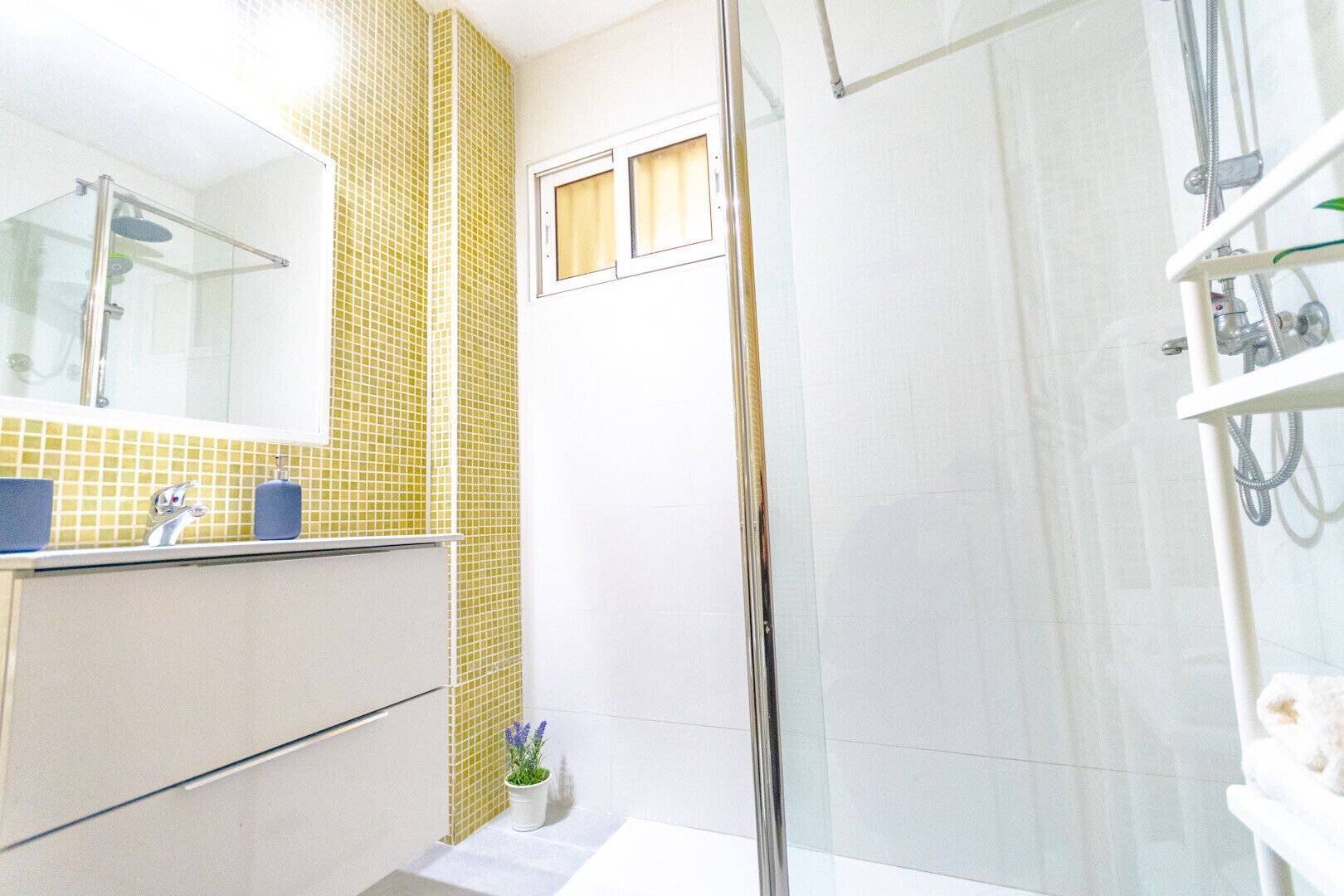 Un baño con cabina de ducha de vidrio, lavabo con espejo y una pequeña planta en maceta.