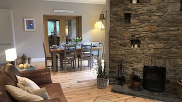 Smart TV, fireplace, DVD player, books