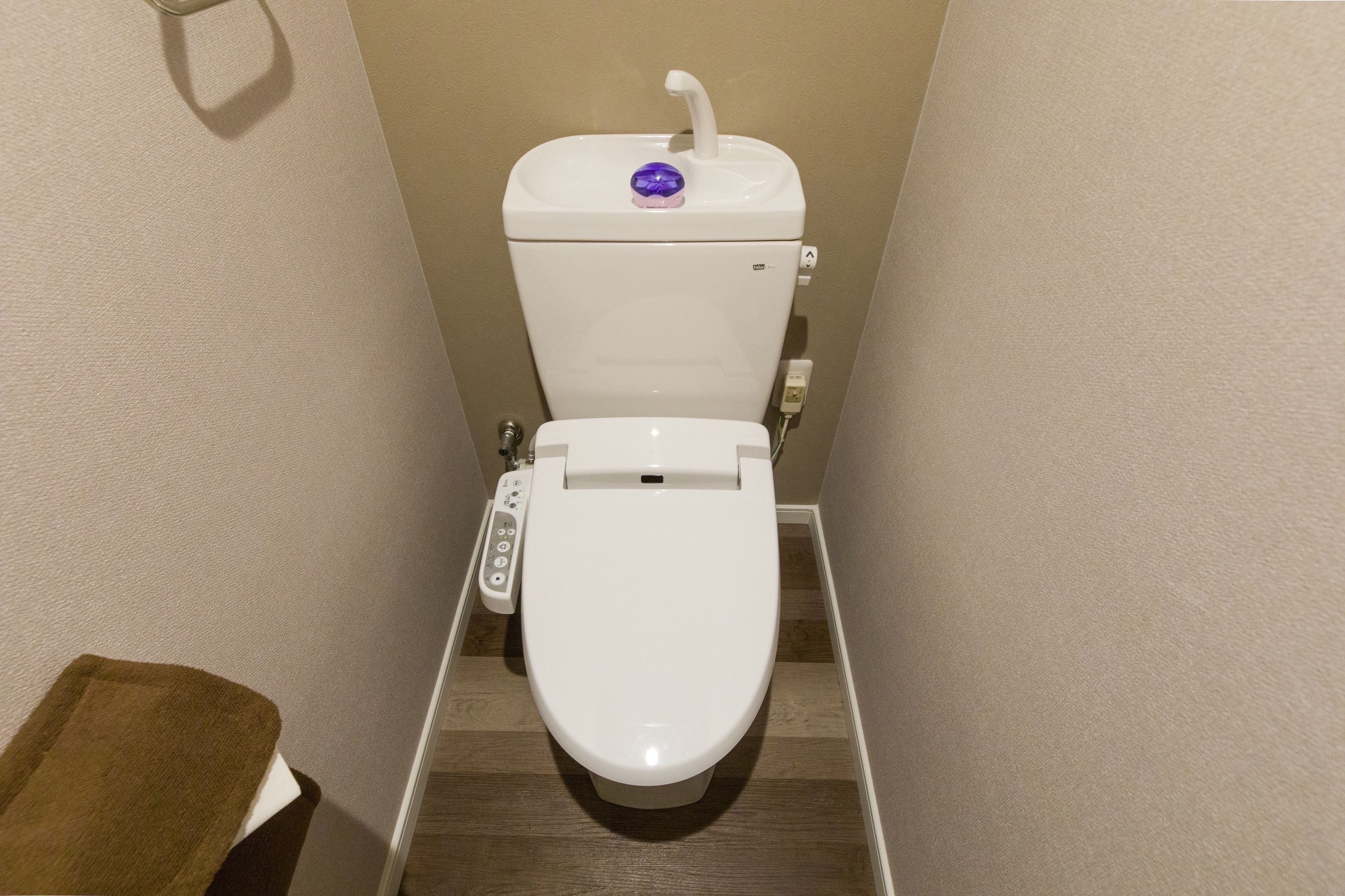 A small, narrow bathroom with a white toilet, a control panel, and a brown towel on the floor.