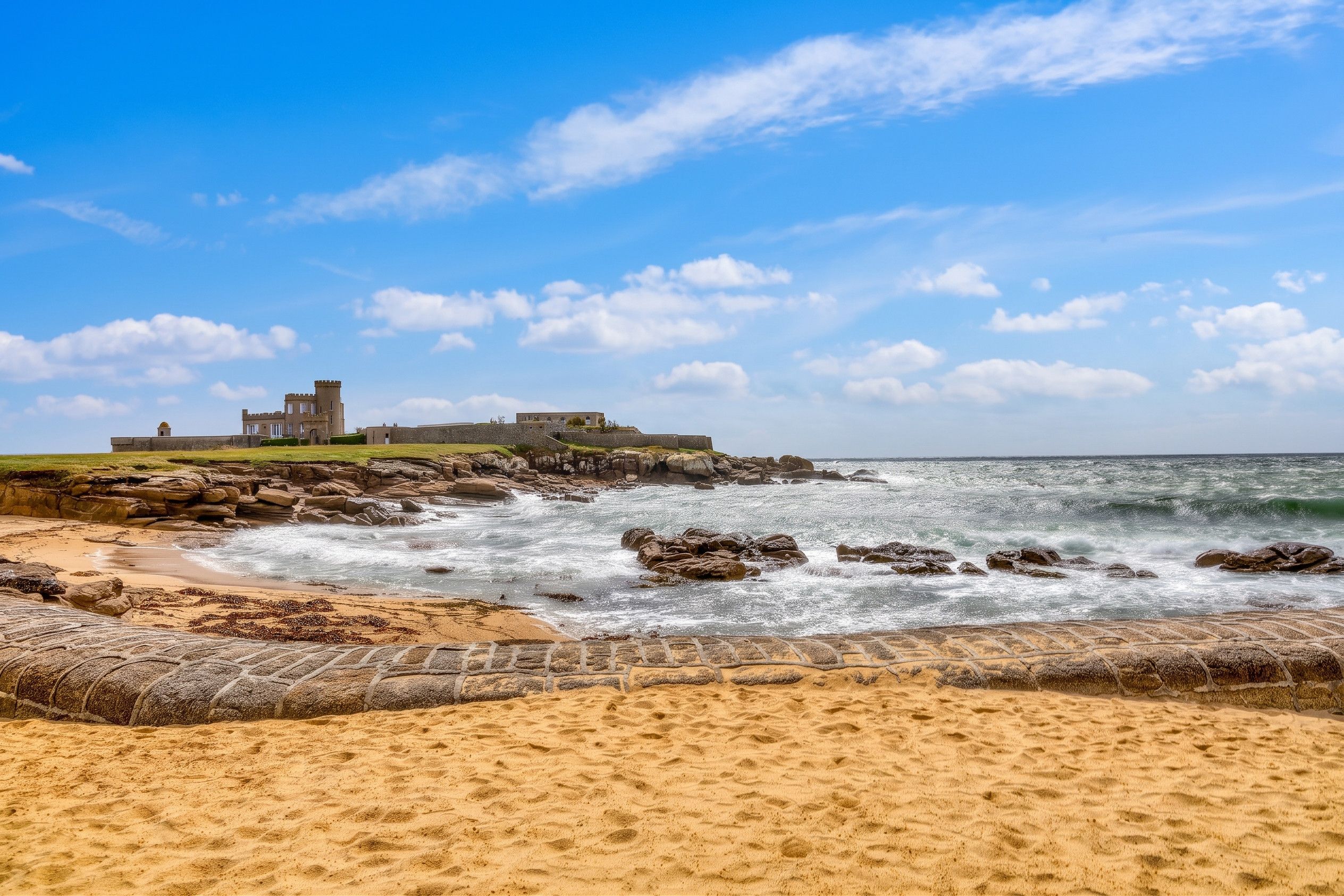 Un paisaje costero con una estructura similar a un castillo en una colina cubierta de hierba con vistas al mar.