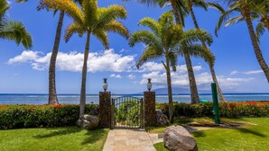 A pathway leading to a gate with palm trees and a view of the ocean. - Stunning Views & Tropical Tranquility 429 LS (Lahaina)