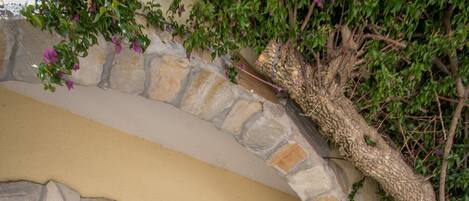 Une terrasse extérieure avec un mur en pierre, une porte en bois et une table avec des chaises.