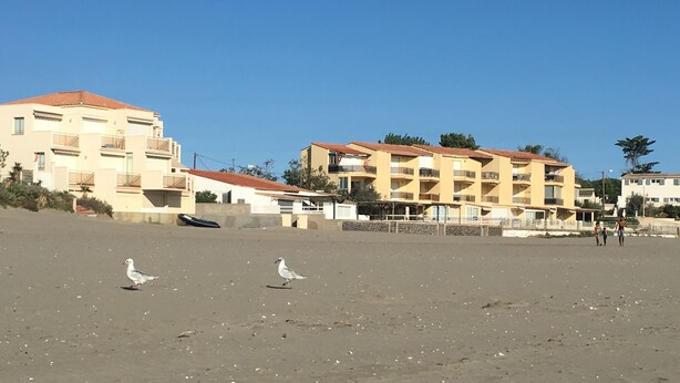 Ein Sandstrand mit Gebäuden im Hintergrund.