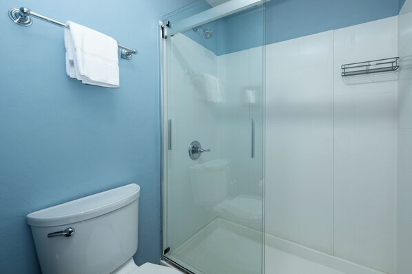 Un baño con ducha de vidrio, inodoro blanco y barra para toallas.