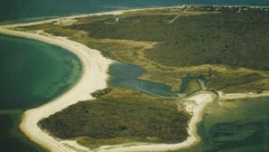 Luftaufnahme einer Küstenlandschaft mit Strand, einem kleinen Gewässer und bewaldetem Gebiet.