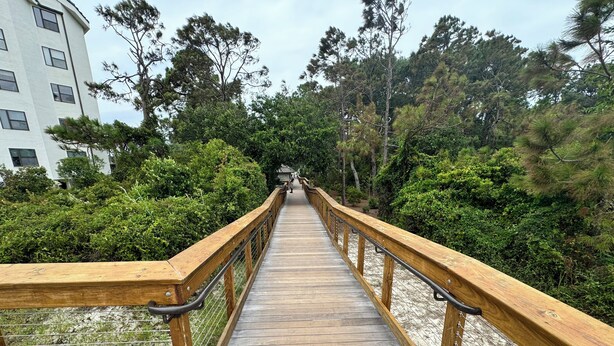 A wooden boardwalk leading through a park with dense greenery and trees. - Spacious, Updated Villa – Perfect for Family Beach Vacations, Two King Beds! (Hilton Head Island)