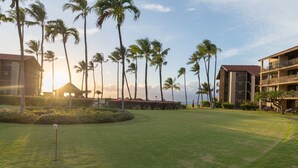 A golf course with palm trees, a gazebo, and hotel buildings in the background. - Luxury oceanfront studio with spacious lanai (Lahaina)