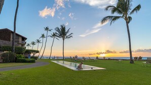 A pool area with a view of the sunset, surrounded by palm trees and lounge chairs. - Luxury oceanfront studio with spacious lanai (Lahaina)
